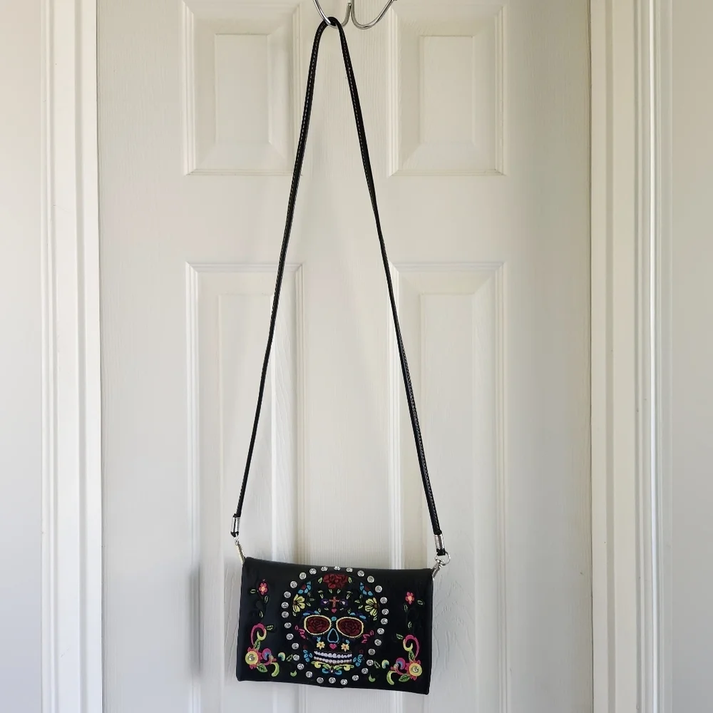 Dia De Muertos Halloween Rhinestone Skull‎ Embroidery Strappy Purse